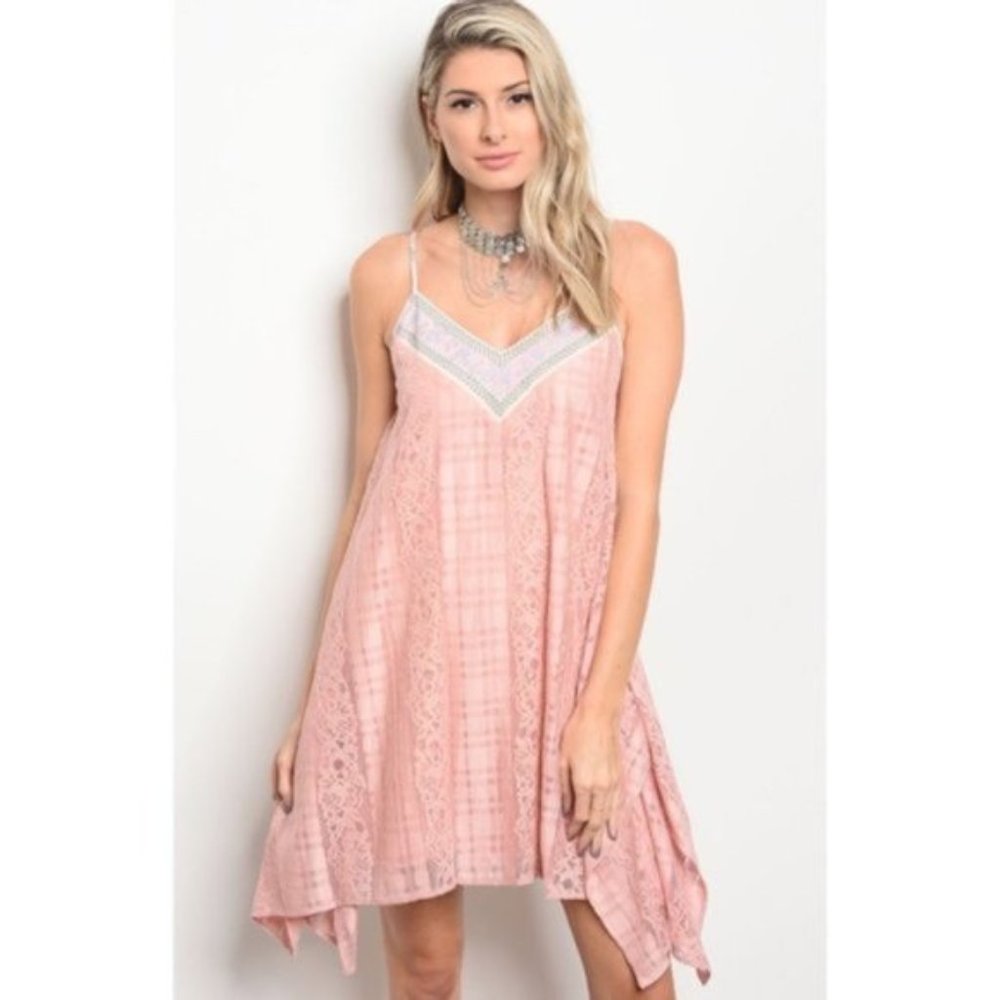Pink Swing Dress With Plaid And Lace Details